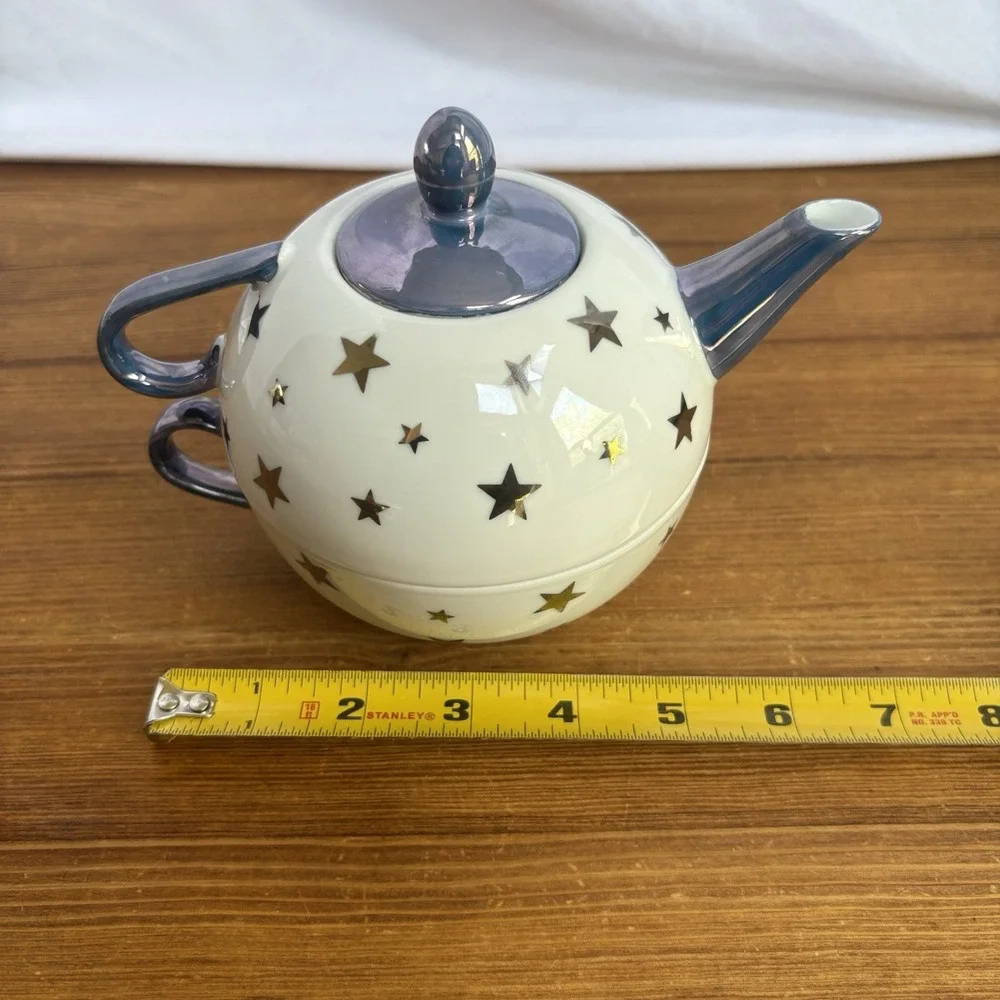 C&R Porcelain Japan Tea Pot And Mug Set Blue With Silver Stars